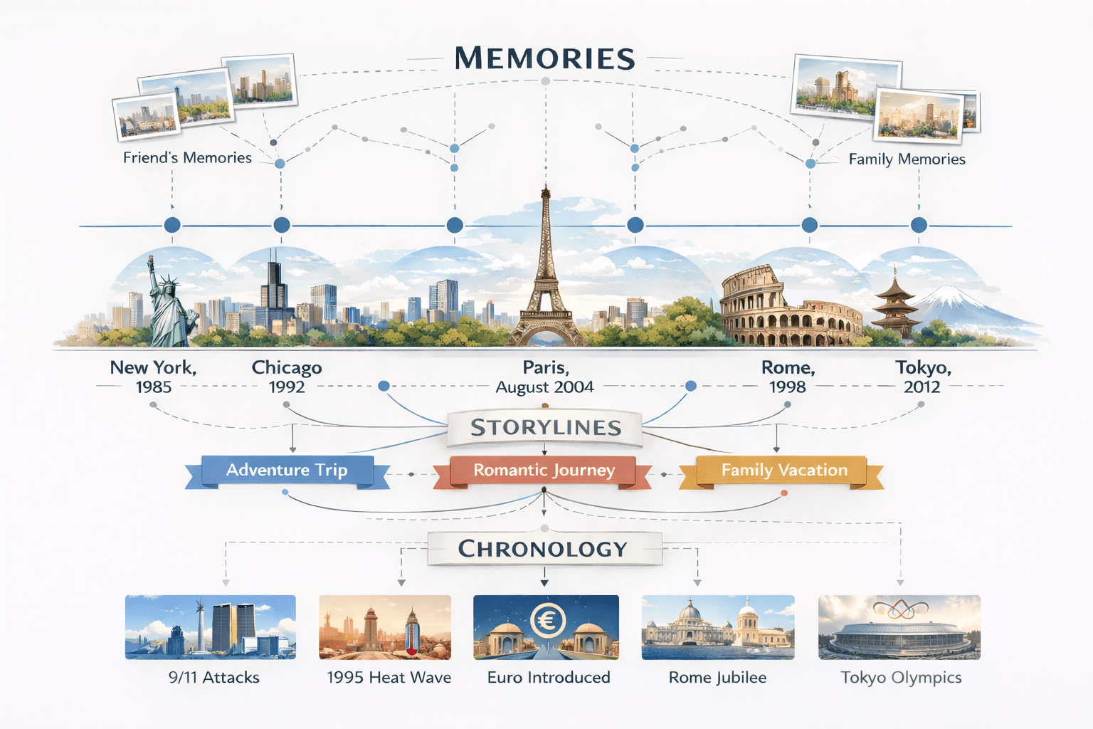 Chronicle visual model showing memories connected into storylines and chronology events